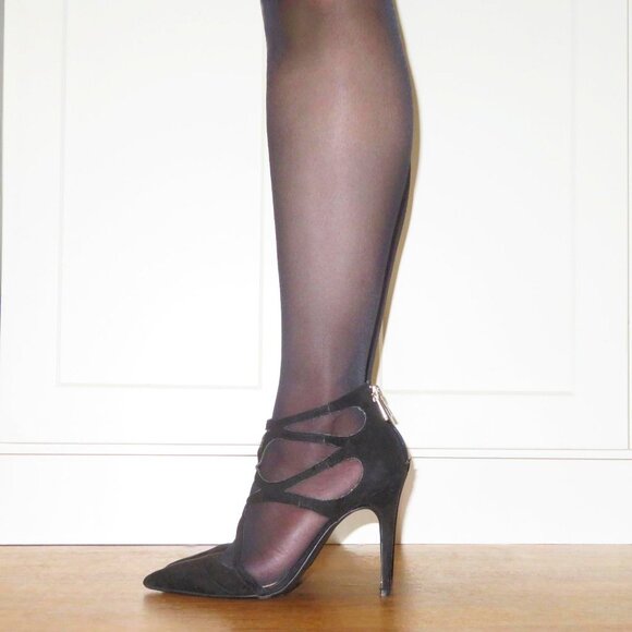 USED Jessica Simpson Pamira Black Caged Stiletto Suede Pump Strappy Heels US 8.5 - Picture 7 of 15